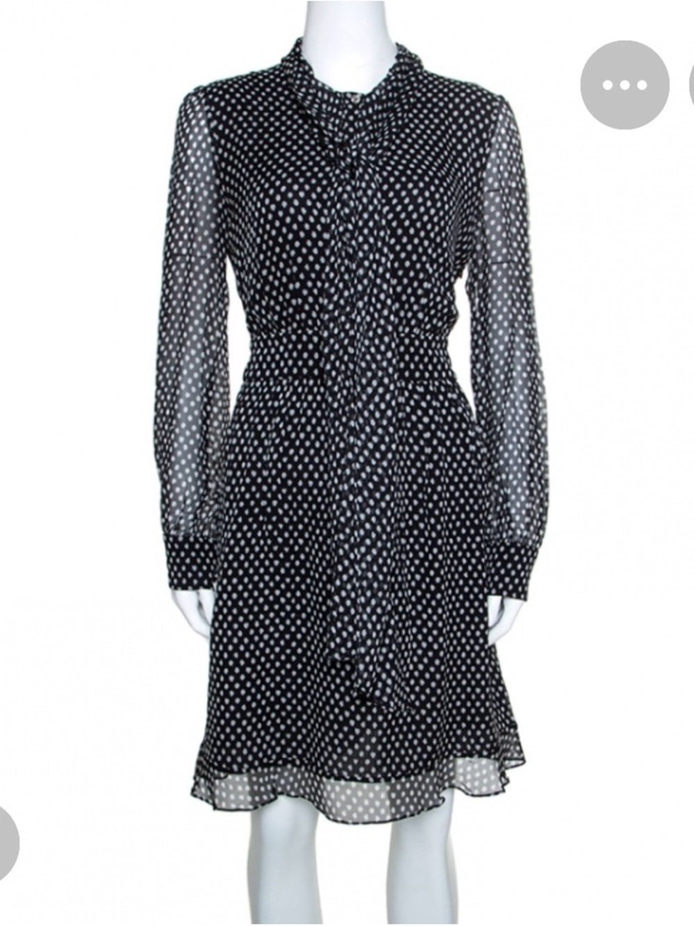 Diane Von Furstenberg Black and White Polka Dot Long-Sleeve Tie-Neck Dress